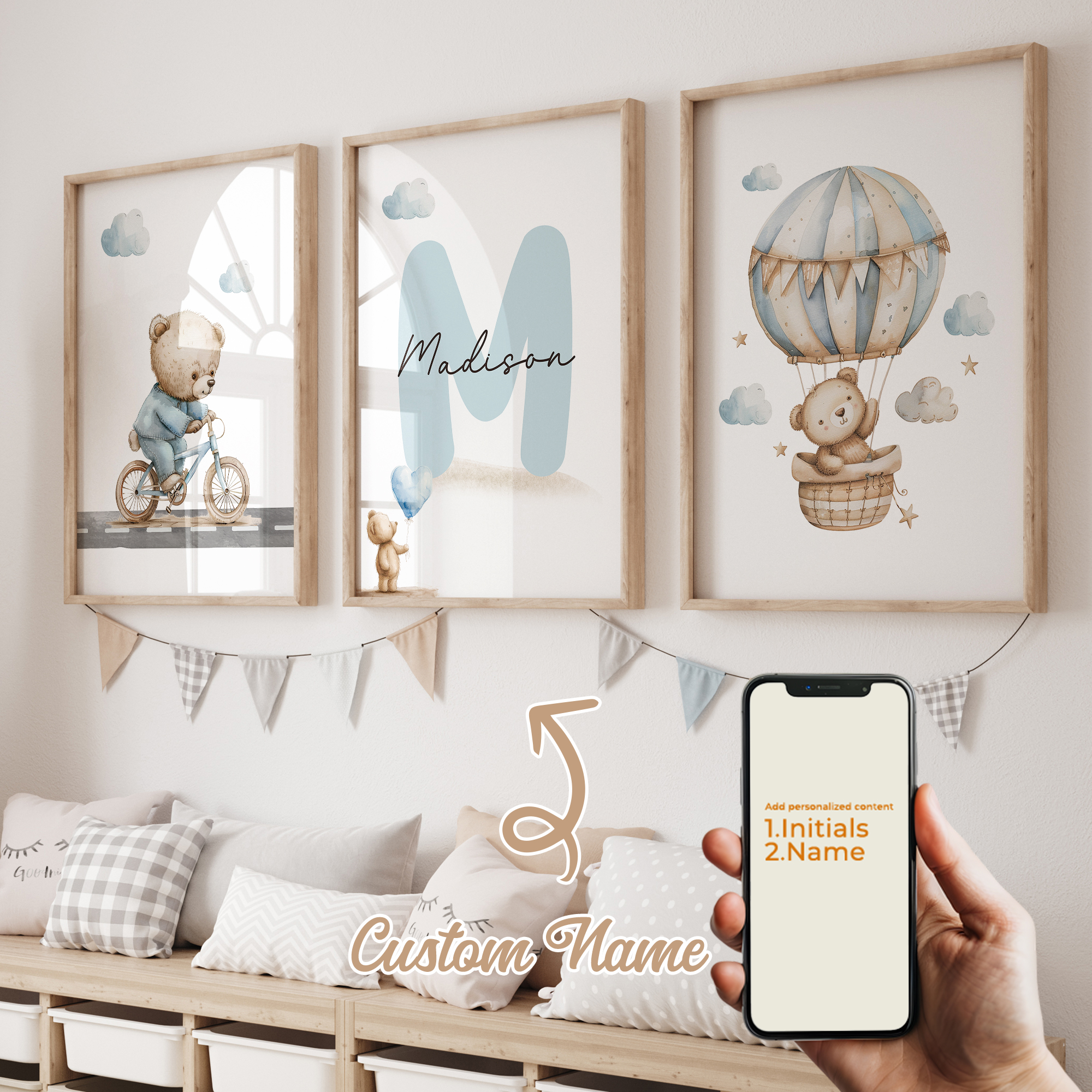Home Decor Foto - 3pcs Personalized Name Blue Bear Wall