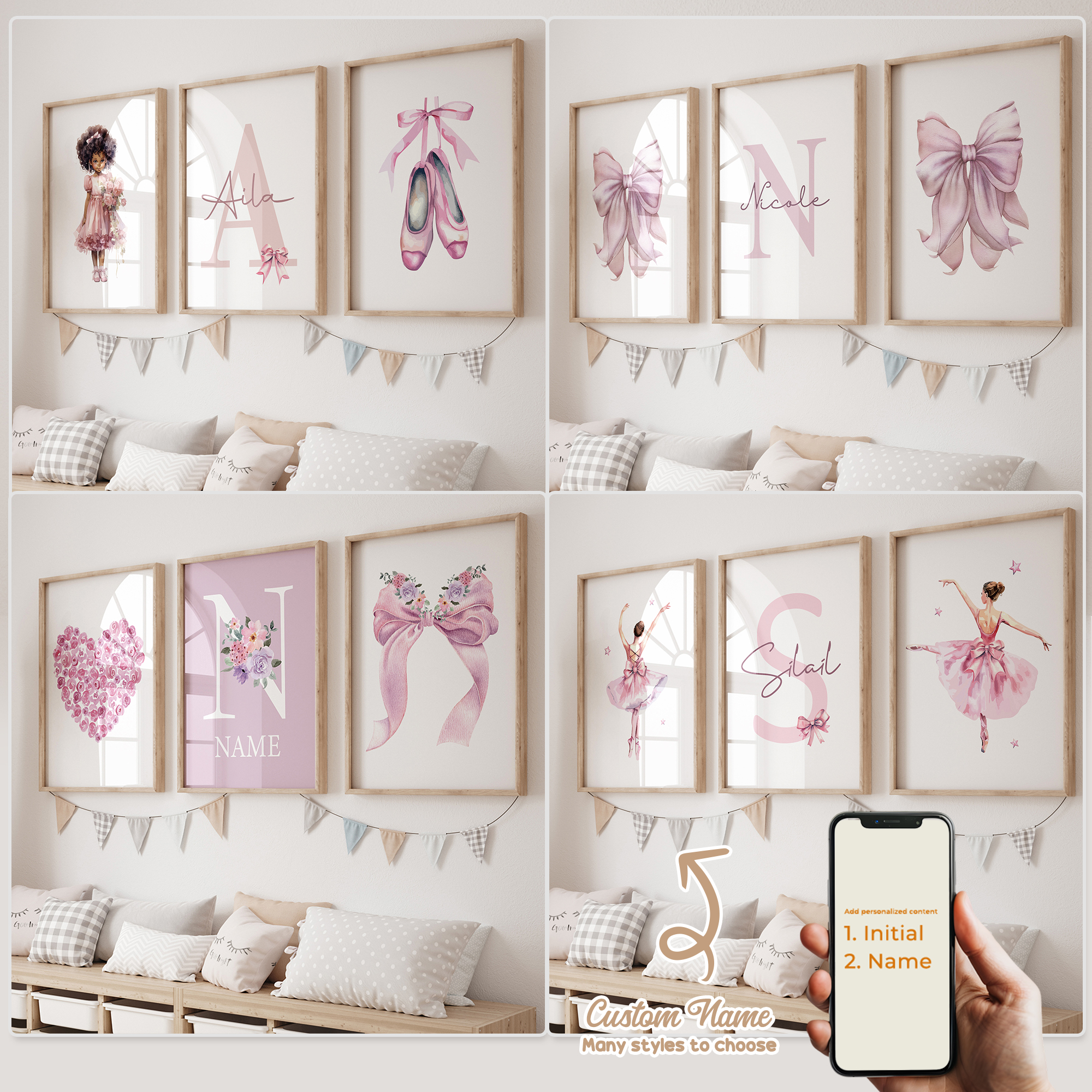 Home Decor Wall Pictures - 3pcs Personalized Custom Name Cartoon Child